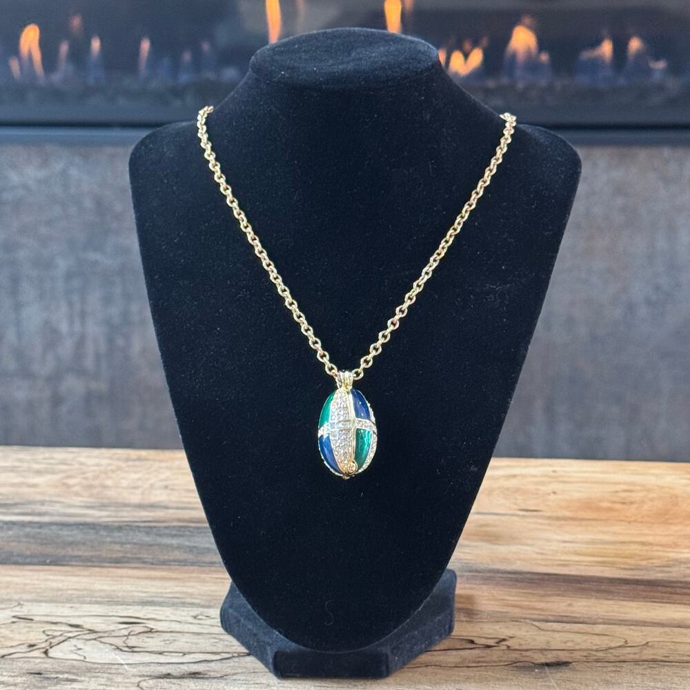 Vintage Swarovski Signed Blue Green Enamel Faberge Egg Locket Pendant Necklace